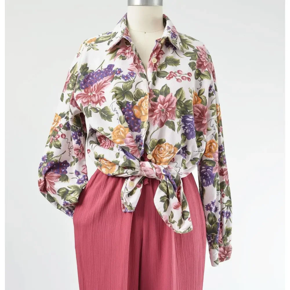 Vintage 90s Floral Grape Vine Print Shirt Cotton Corduroy Collared Blouse M - Picture 3 of 8